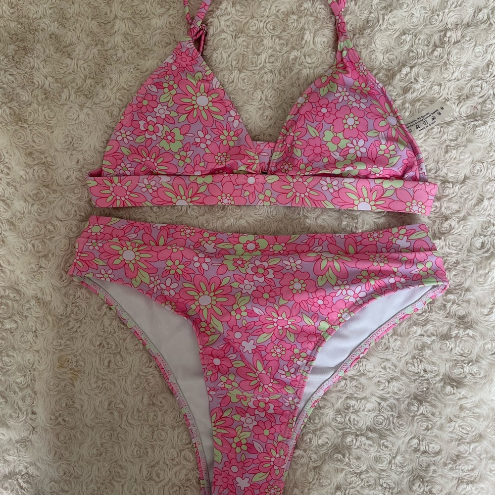 Pink high waisted V neck bikini set